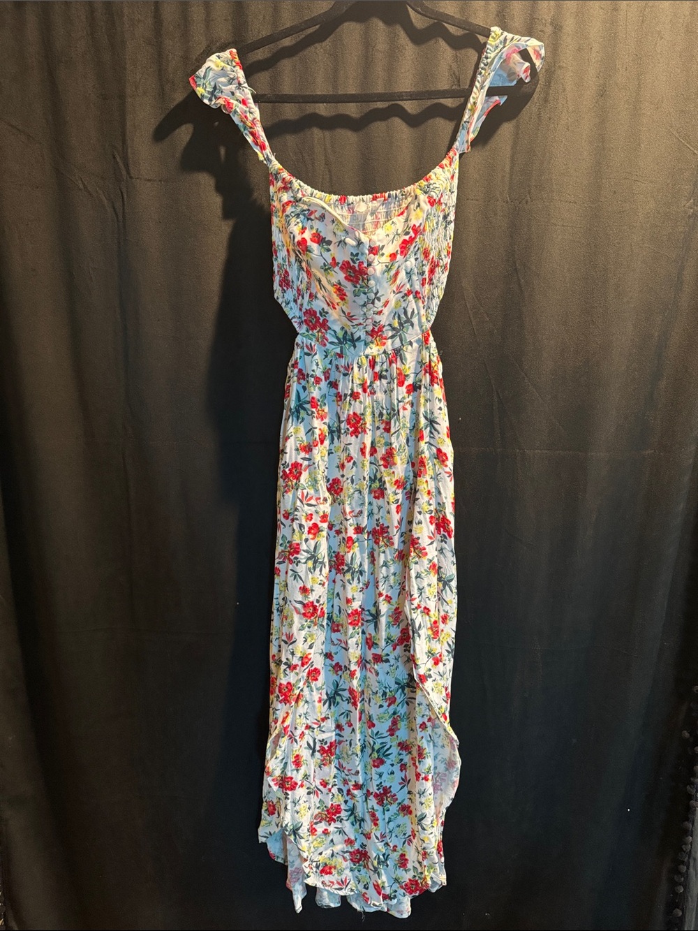 Floral Maxi Dress with Ruffle Straps - White with Red & Green Floral Print